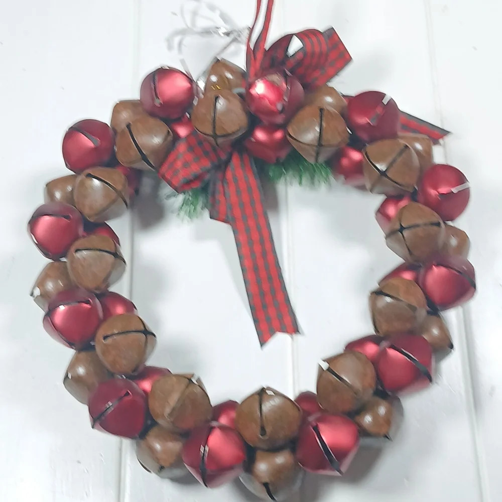 Red & Brown 13” Jingle Bell Metal Christmas Wreath, Holiday Decor Indoor Outdoor